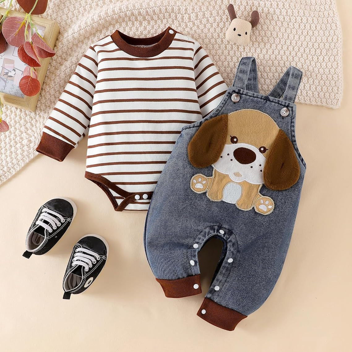 2PCS Timeless Dog Applique Stripe Printed Denim Overalls Baby Set