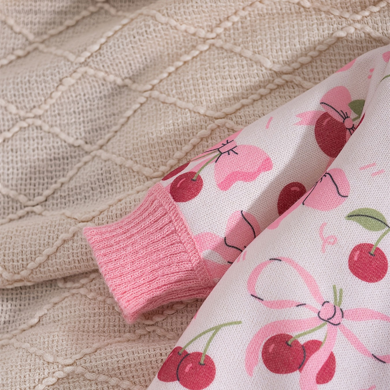 Sweet Strawberry and Bow Printed Knit Long Sleeve Baby Jumpsuit
