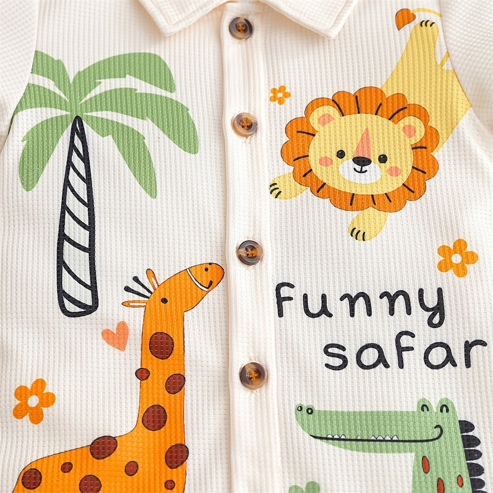 Casual Animal Printed Polo Neck Short Sleeve Baby Jumpsuit