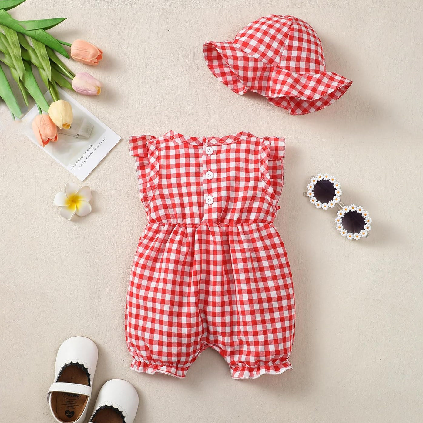 2PCS Red Plaid Print Sleeveless Bowknot Baby Jumpsuit