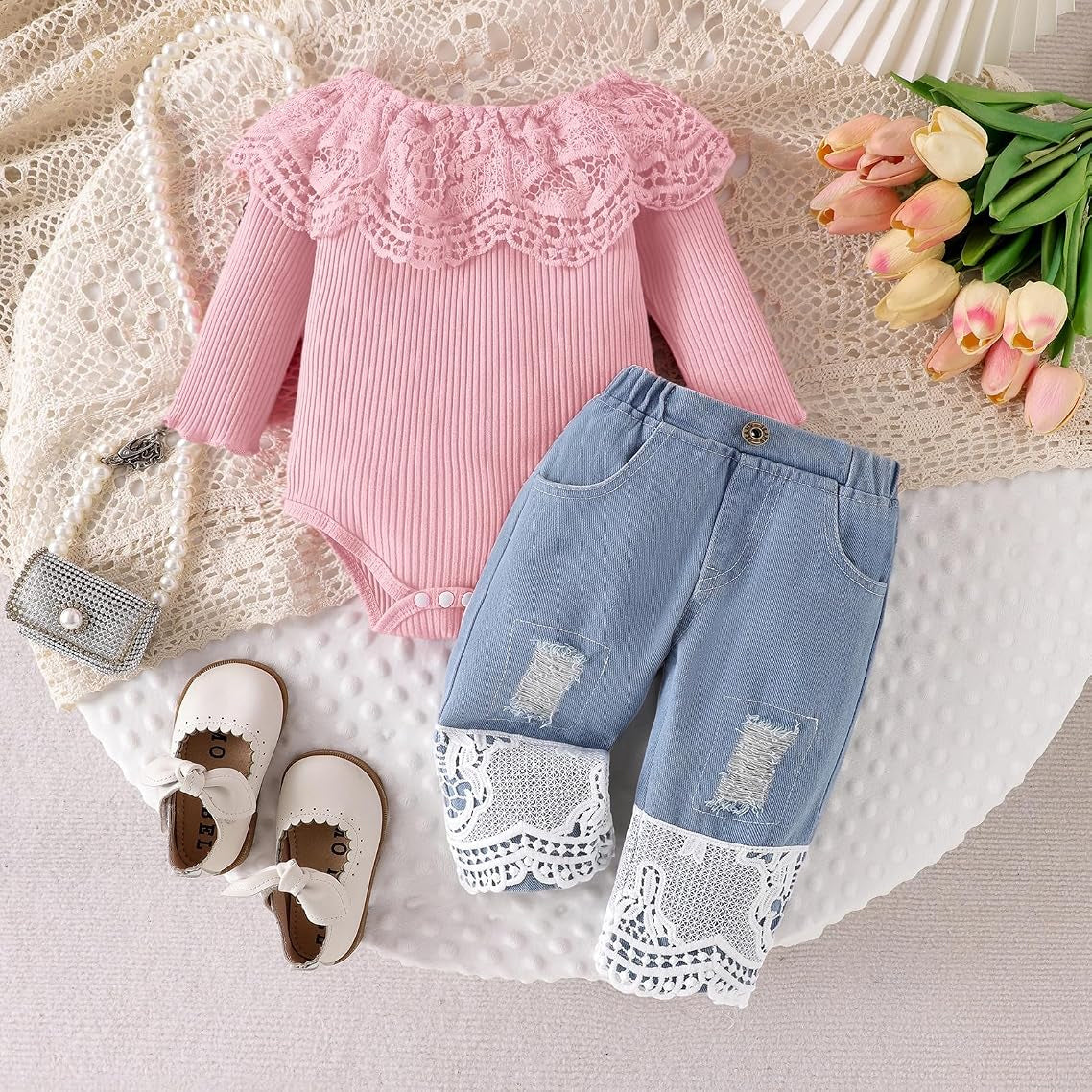 2PCS Charming Baby Girl Lace Eyelet Long Sleeve Denim Set