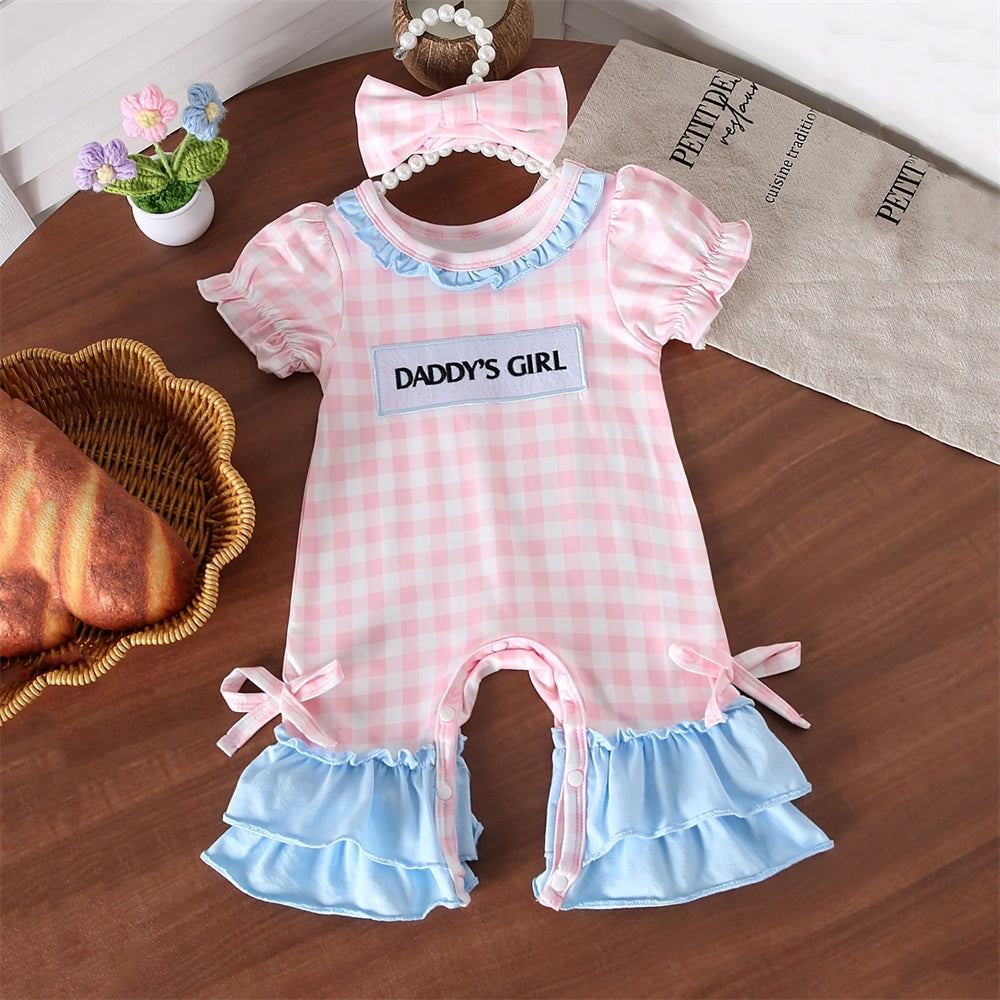 2PCS Daddy's Girl Letter Embroidery Plaid Short Sleeve Baby Jumpsuit