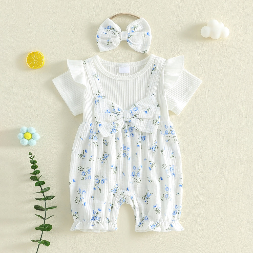 2PCS Neat Floral Print Short Sleeve Baby Jumpsuit