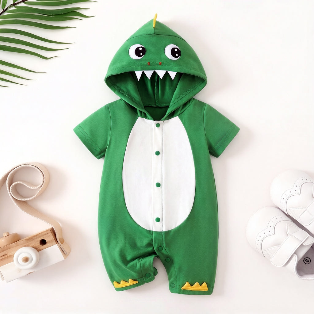 Casual Dinosaur Print Short Sleeve Hoodie Baby Jumpsuit
