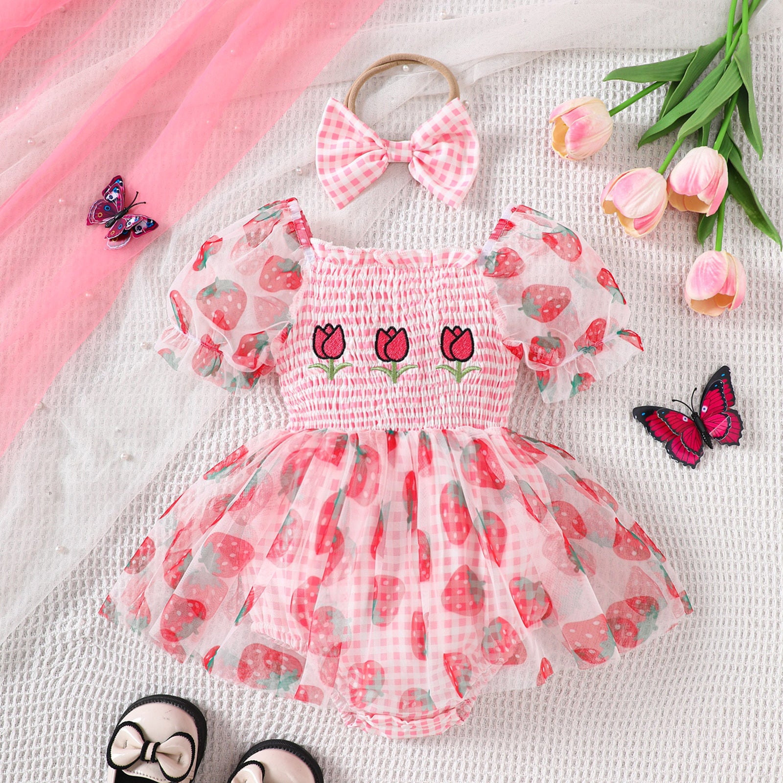 2PCS Floral Strawberry Printed Short Sleeve Baby Romper