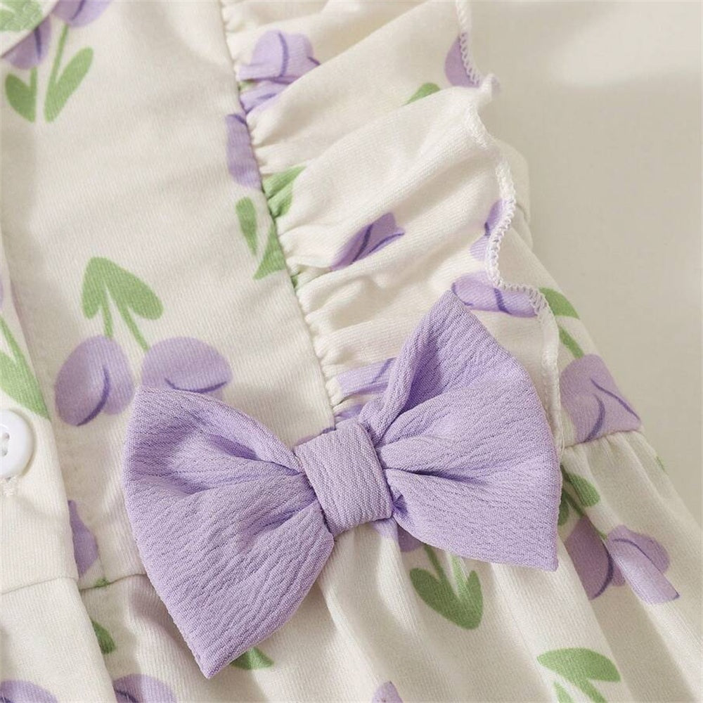 2PCS Classy Floral Print Bow Flutter Sleeve Baby Jumpsuit