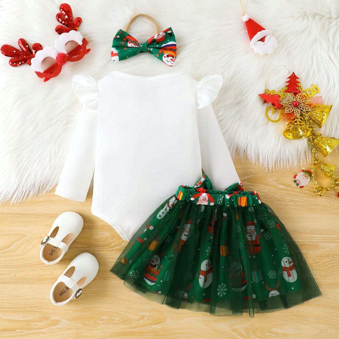 3PCS Cute Christmas Reindeer Printed Tulle Long Sleeve Baby Set