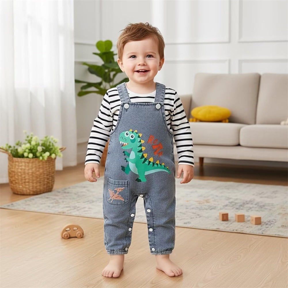 2PCS Casual Dinosaur Print Striped Long Sleeve Denim Overalls Baby Set