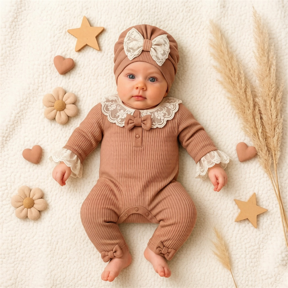 2PCS Pretty Solid Color Long Sleeve Lace Baby Jumpsuit