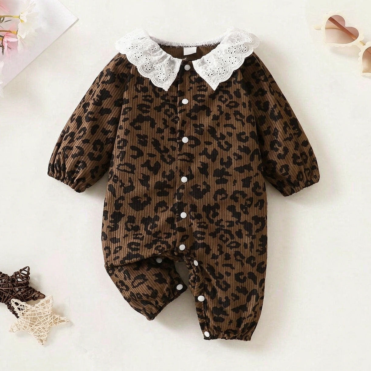 Refined Leopard Print Lace Long Sleeve Baby Girl Jumpsuit