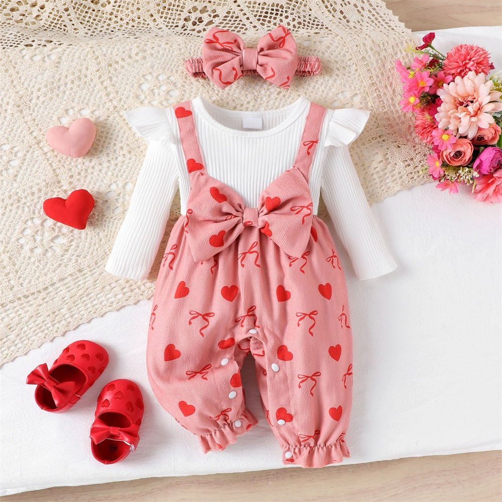 2PCS Cute Heart Bow Print Long Sleeve Baby Jumpsuit