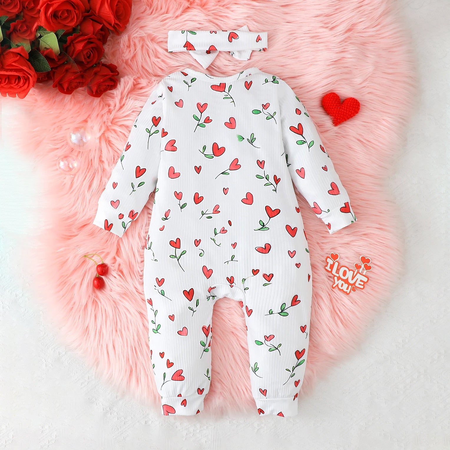 2PCS Heart Floral Printed Long Sleeve Baby Jumpsuit