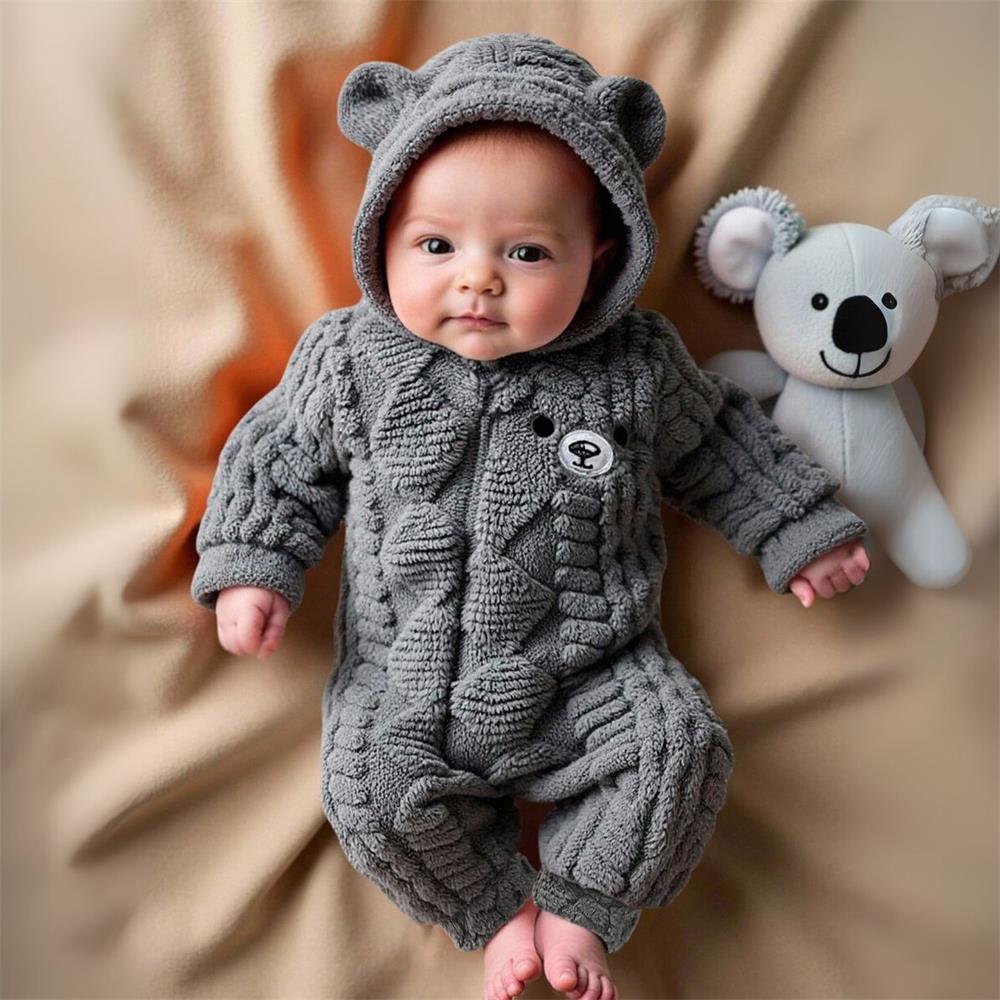 Warm Bear Print Plush Long Sleeve Baby Hooded Jumpsuit