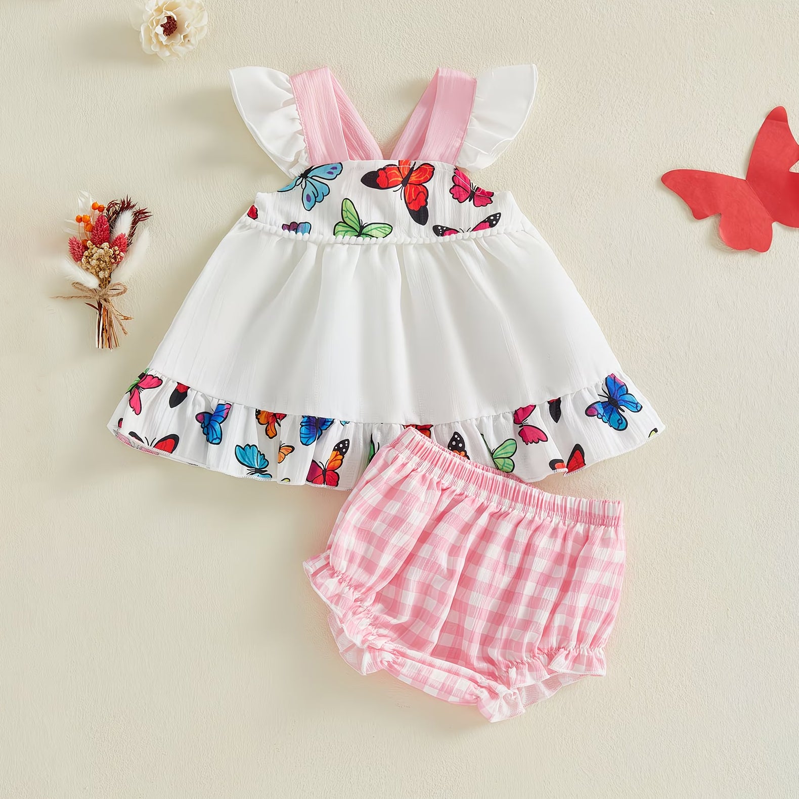 2PCS Butterfly Plaid Printed Fly Sleeve Baby Set