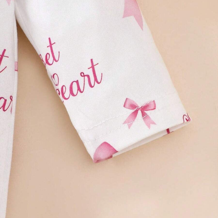 2PCS Sweet Heart Letter Bow Printed Long Sleeve Jumpsuit