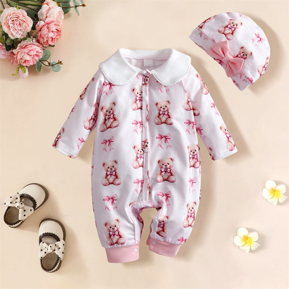 2PCS Lovely Bear Bow Print Long Sleeve Baby Jumpsuit
