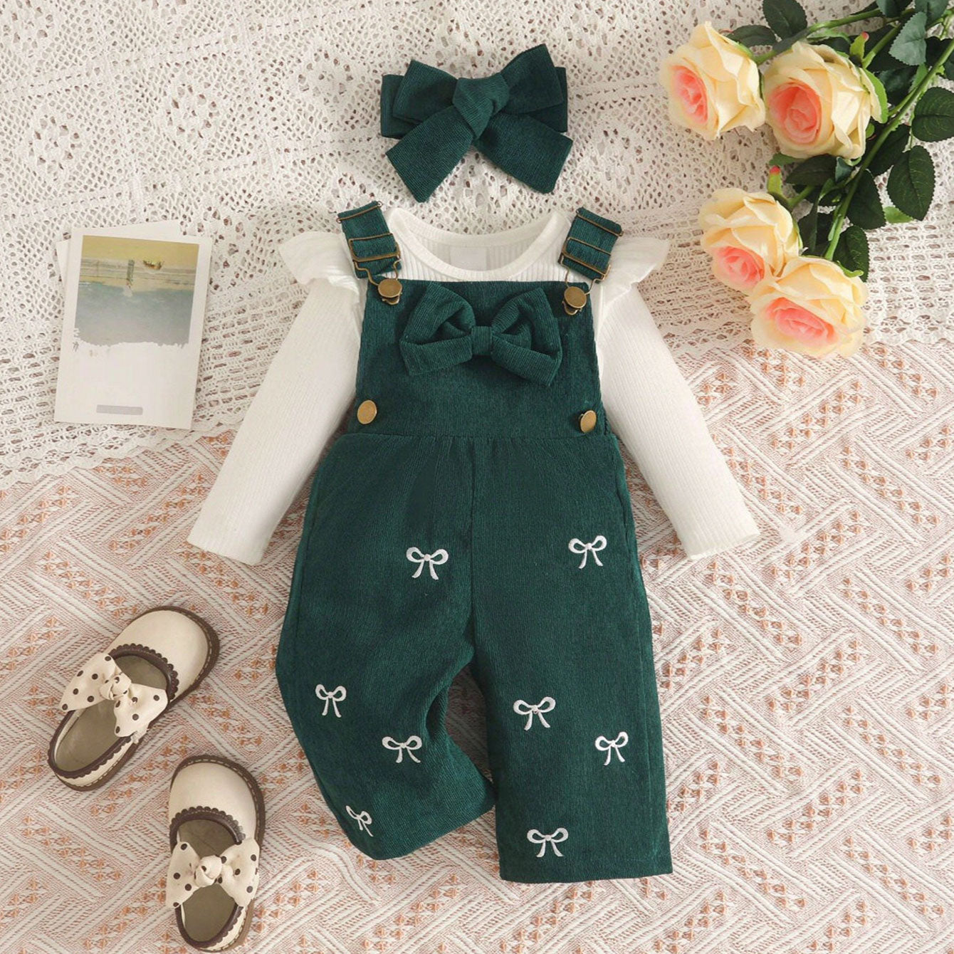3PCS Classy Bow Embroidery Long Sleeve Baby Overalls Set
