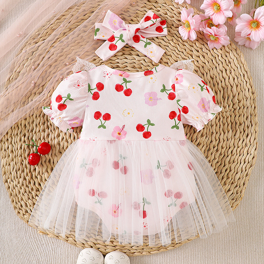 2PCS Adorable Cherry Print Tulle Short Sleeve Baby Romper