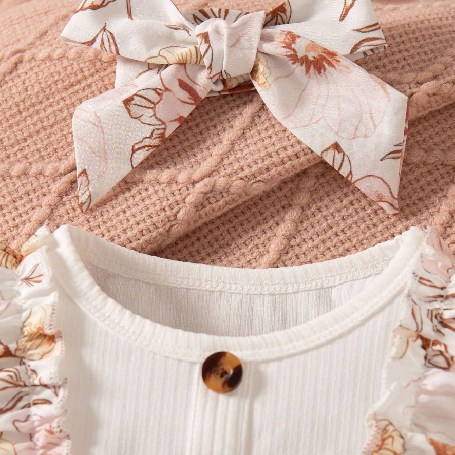2PCS Graceful Floral Printed Bow Long Sleeve Baby Jumpsuit