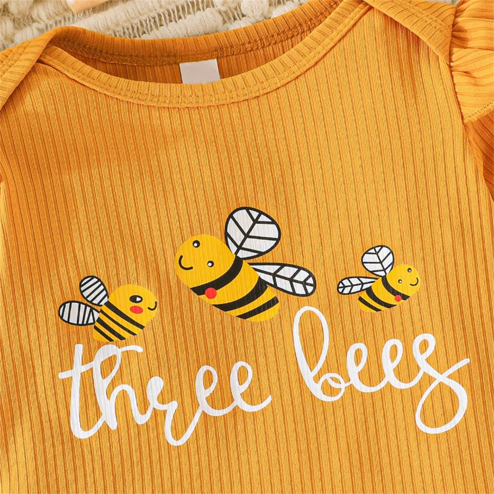 4PCS Three Bees Letter Bee Print Long Sleeve Baby Set