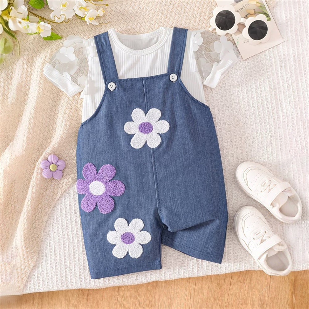 2PCS Floral Embroidery Puff Sleeve Baby Denim Overalls Set