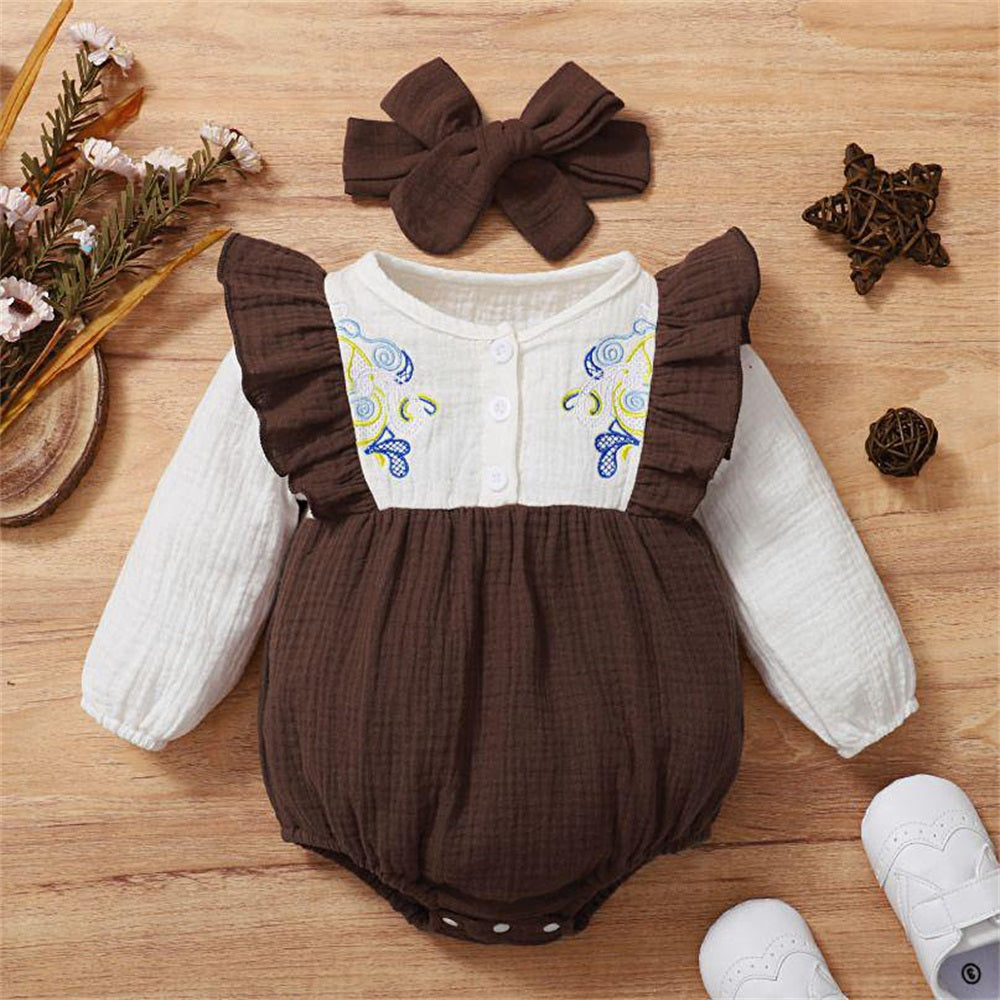 2PCS Floral Embroidery Ruffled Long Sleeve Baby Romper