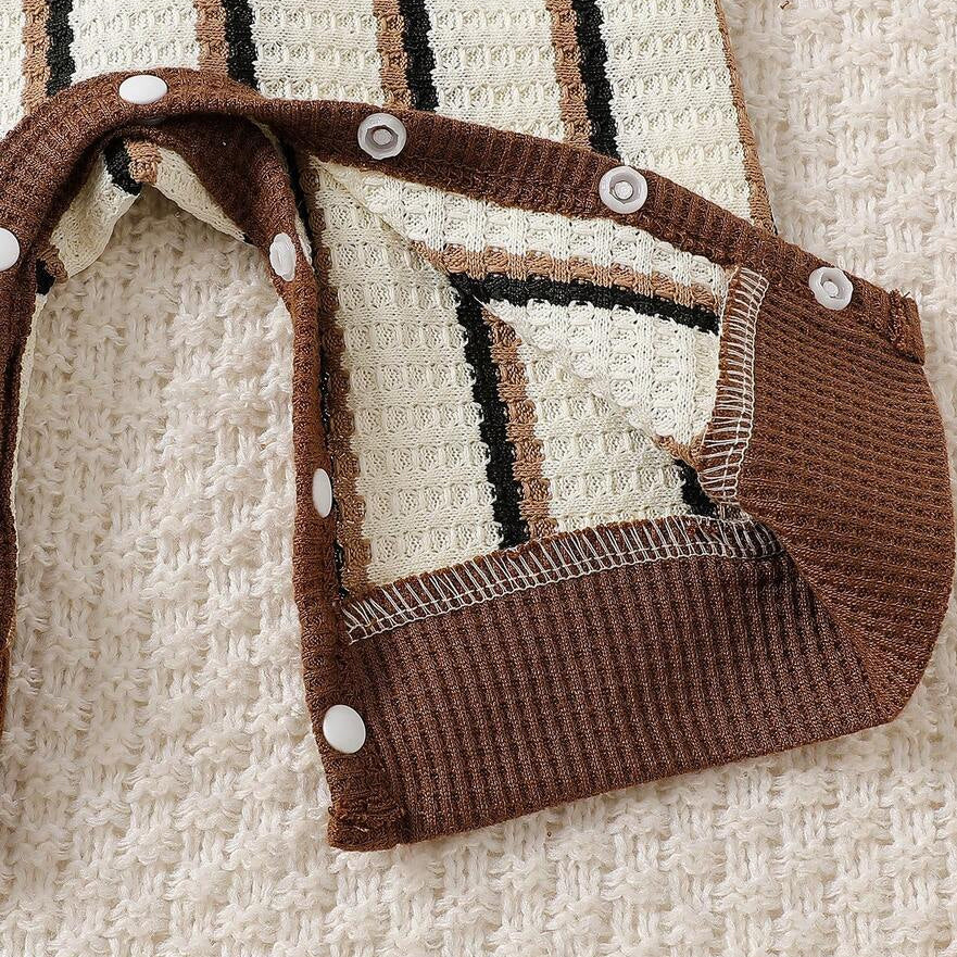 2PCS Colorblock Stripe Print Long Sleeve Waffle Baby Boy Jumpsuit