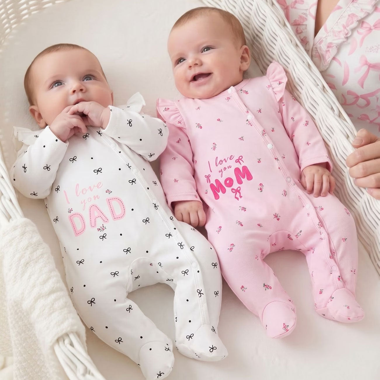 2PCS I Love You Mom Dad Letter Bow Printed Long Sleeve Baby Jumpsuit