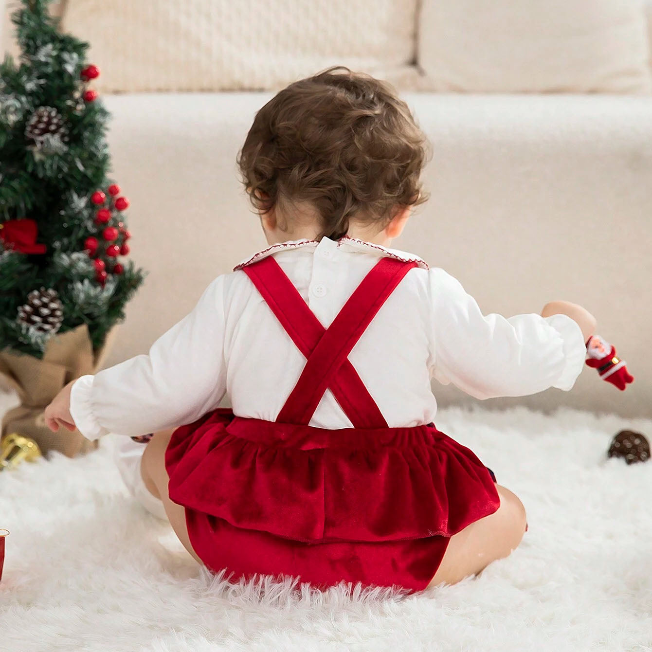 2PCS Christmas Velvet Solid Color Plaid Printed Baby Romper