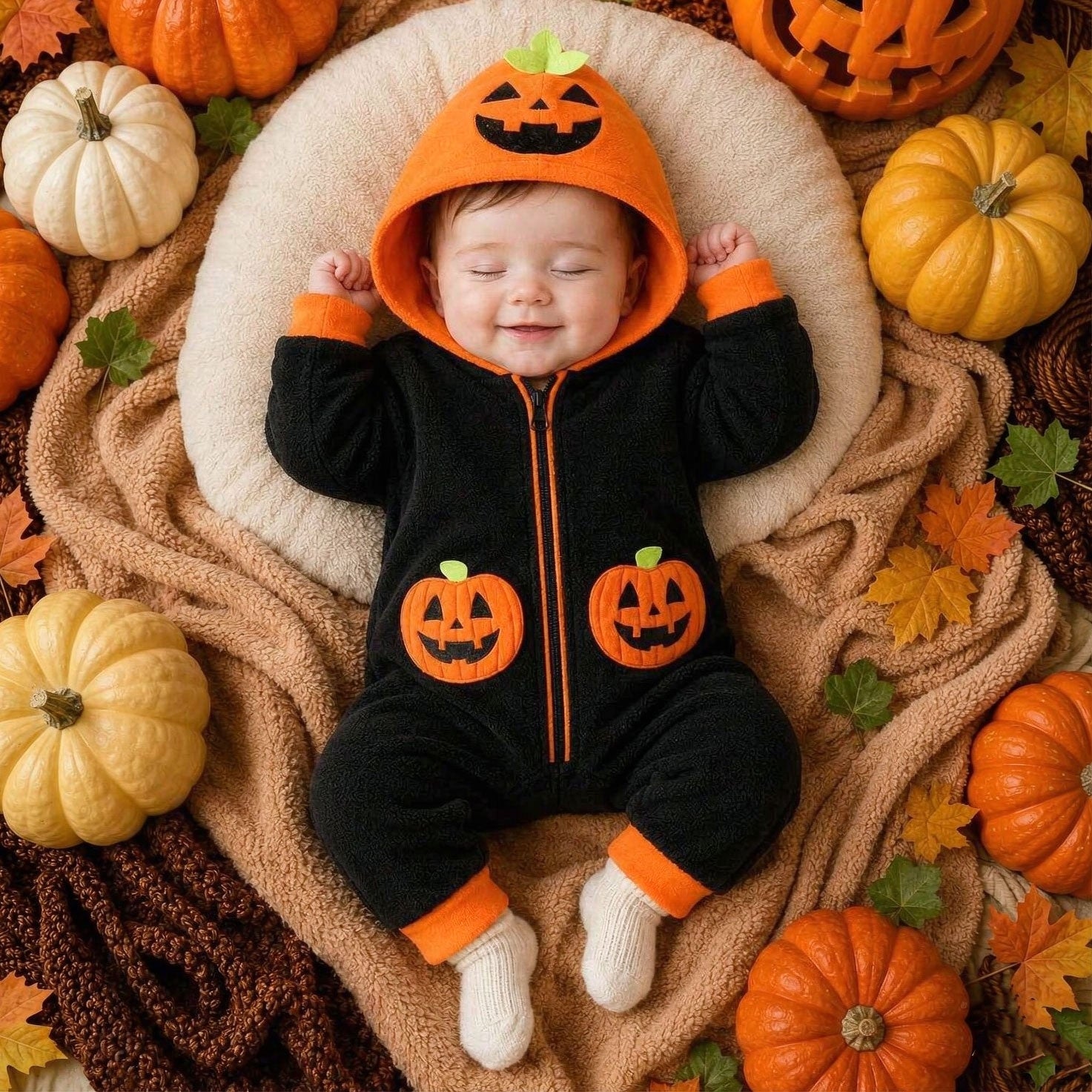 Halloween Pumpkin Embroidery Long Sleeve Fuzzy Hoodie Baby Jumpsuit