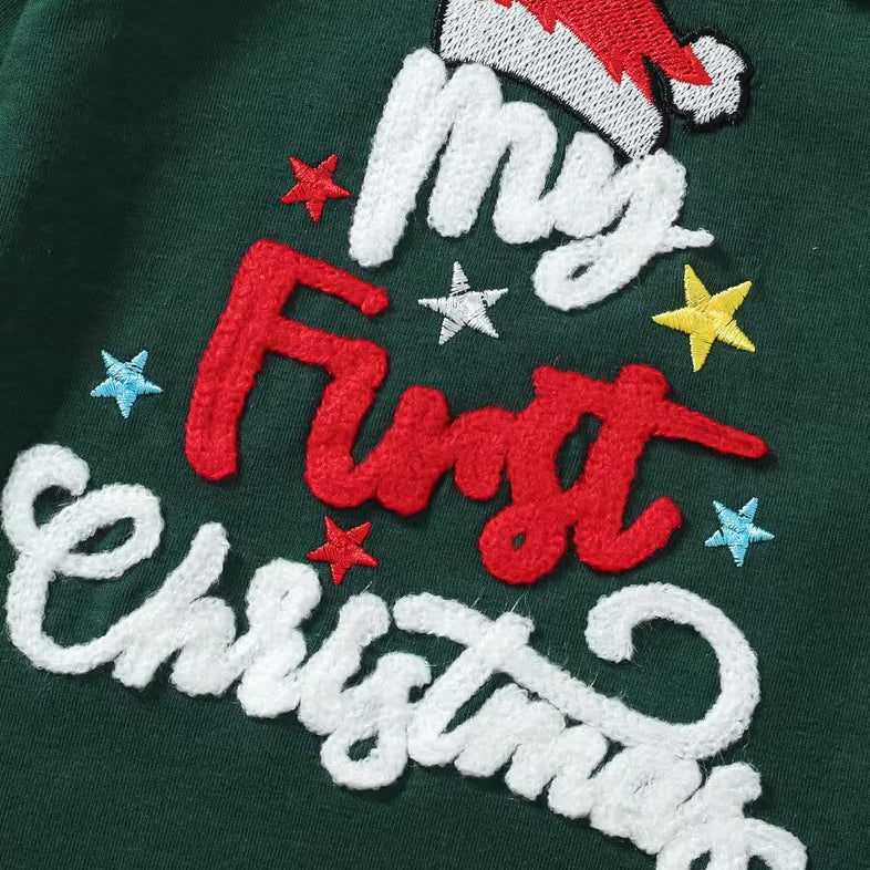 3PCS My First Christmas Letter Santa Hat Applique Plaid Print Baby Girl Set