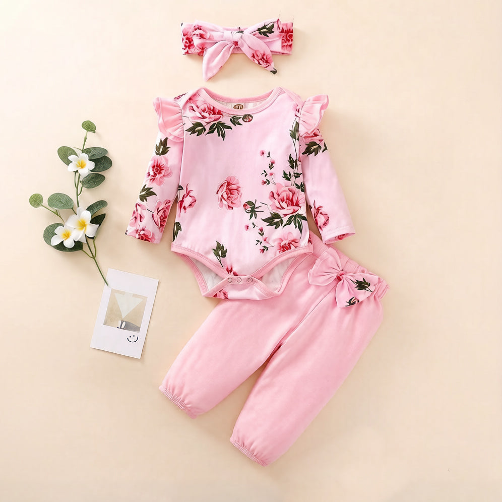 3PCS Pretty Floral Print Bow Long Sleeve Baby Set