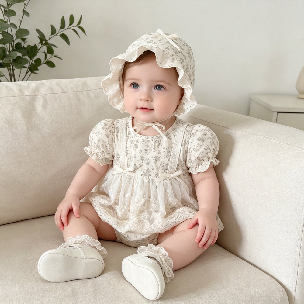 2PCS Elegant Floral Print Short Sleeve Lace Baby Romper
