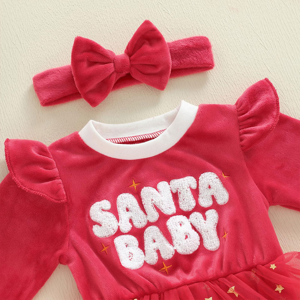 2PCS Christmas Star Print Velvet Fuzzy Baby Romper