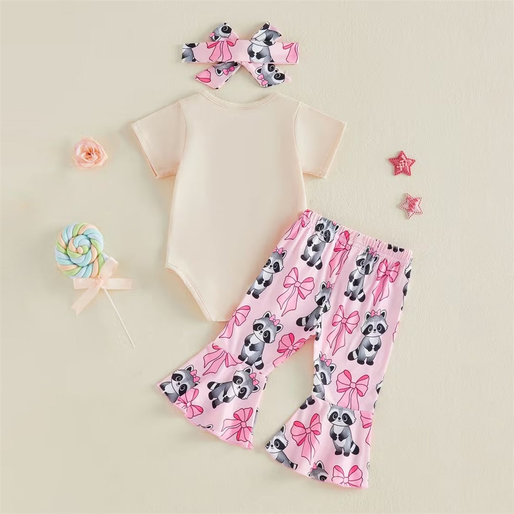 3PCS Cute Raccoon Printed Short Sleeve Baby Set