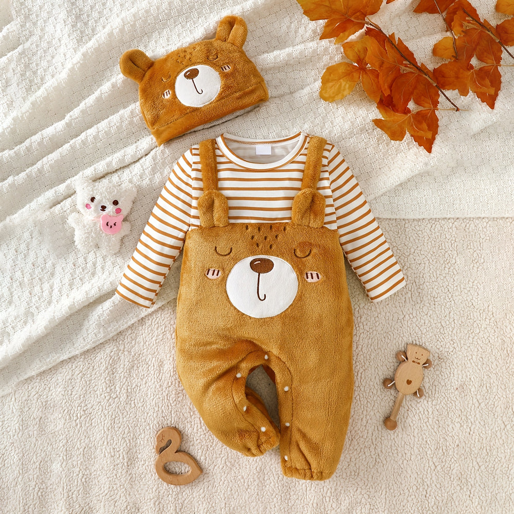 2PCS Fuzzy Bear Striped Print Long Sleeve Baby Jumpsuit