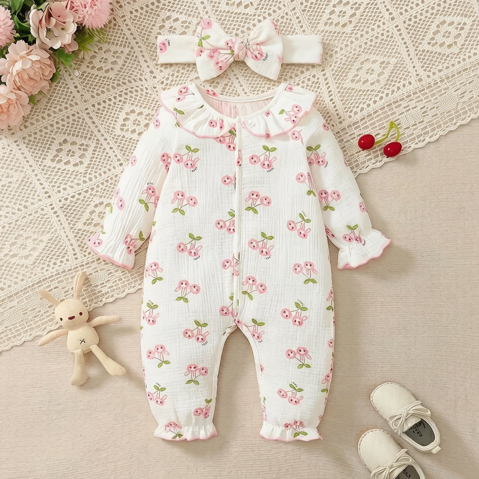 2PCS Cute All-Over Cherry Printed Long Sleeve Baby Jumpsuit