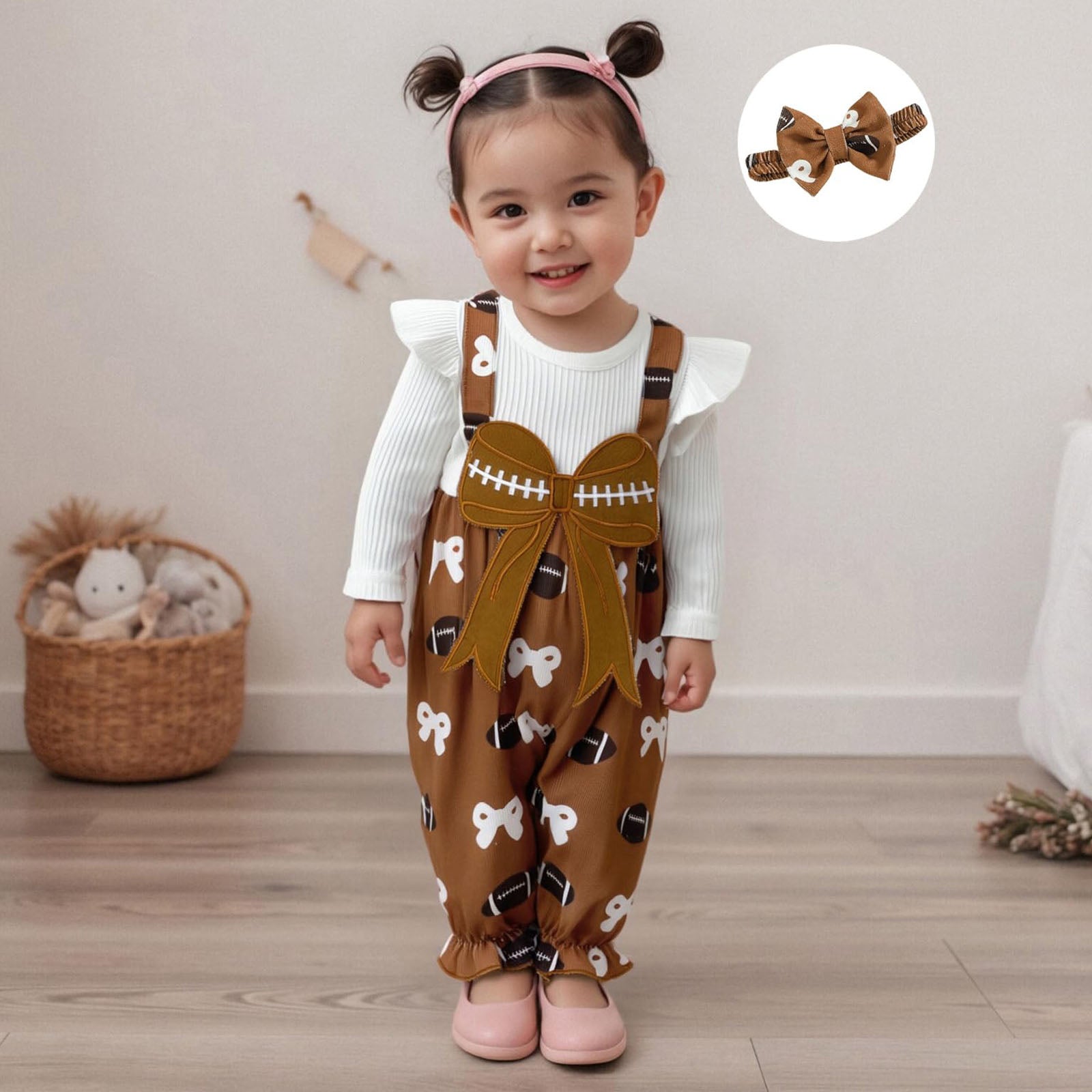 2PCS Baseball Bow Printed Long Sleeve Baby Jumpsuit