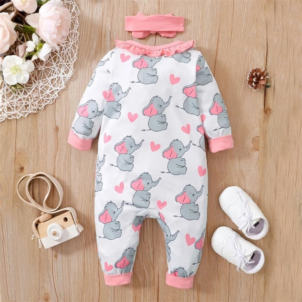 2PCS Cute Elephant Print Frill Trim Long Sleeve Baby Jumpsuit