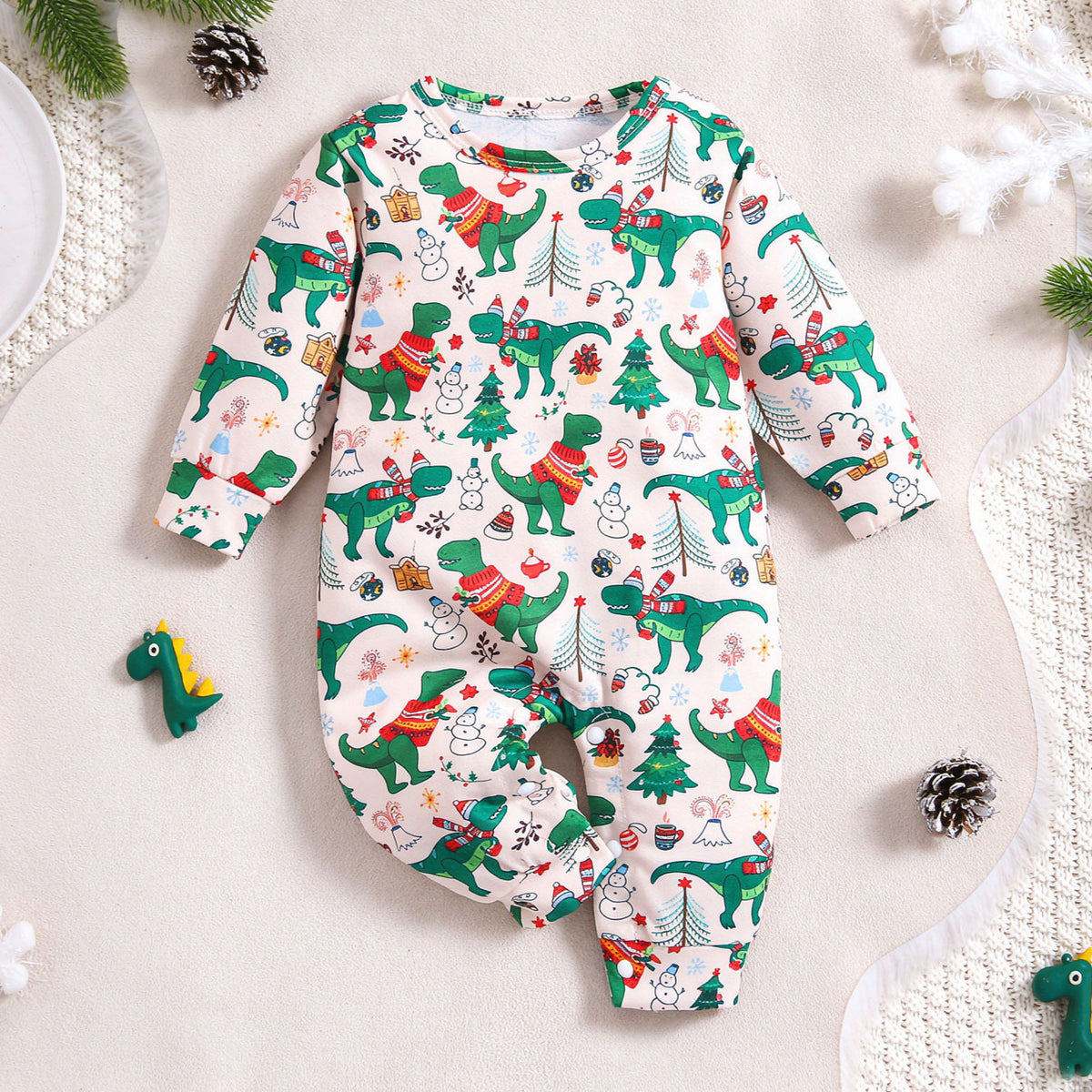 Lovely Christmas Dinosaur Print Long Sleeve Baby Jumpsuit