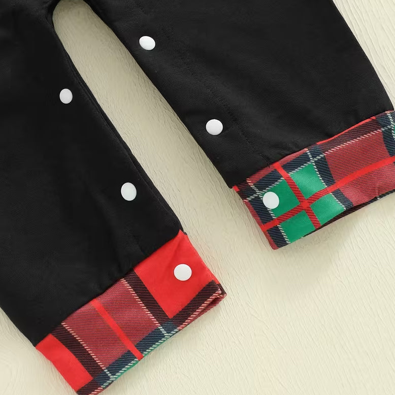 3PCS Letter Embroidered Santa Plaid Print Baby Boy Overalls Set