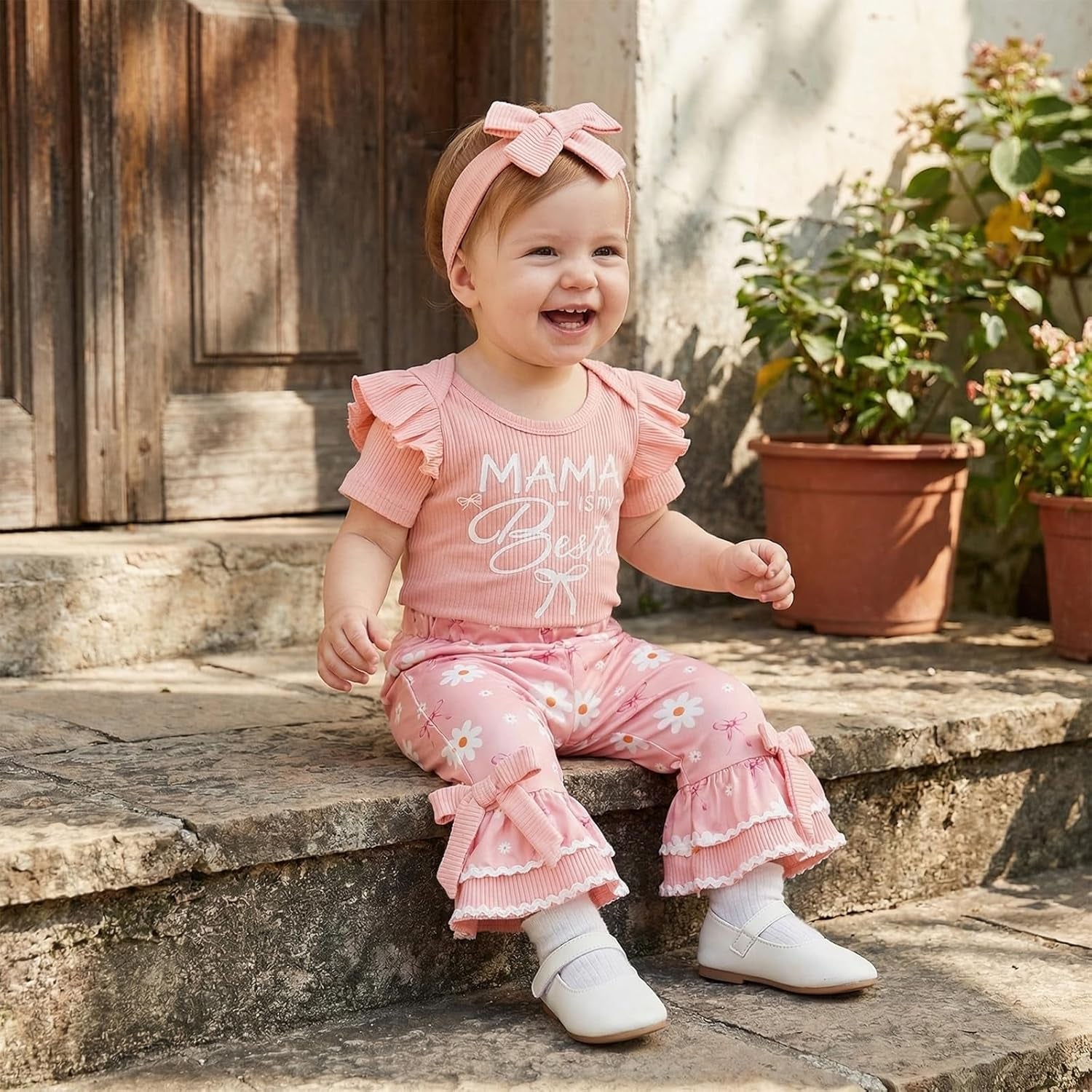 3PCS Mama is My Bestie Letter Floral Printed Baby Set