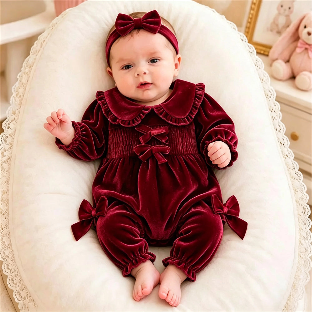 2PCS Solid Color Ruffled Collar Bowknot Baby Velvet Jumpsuit
