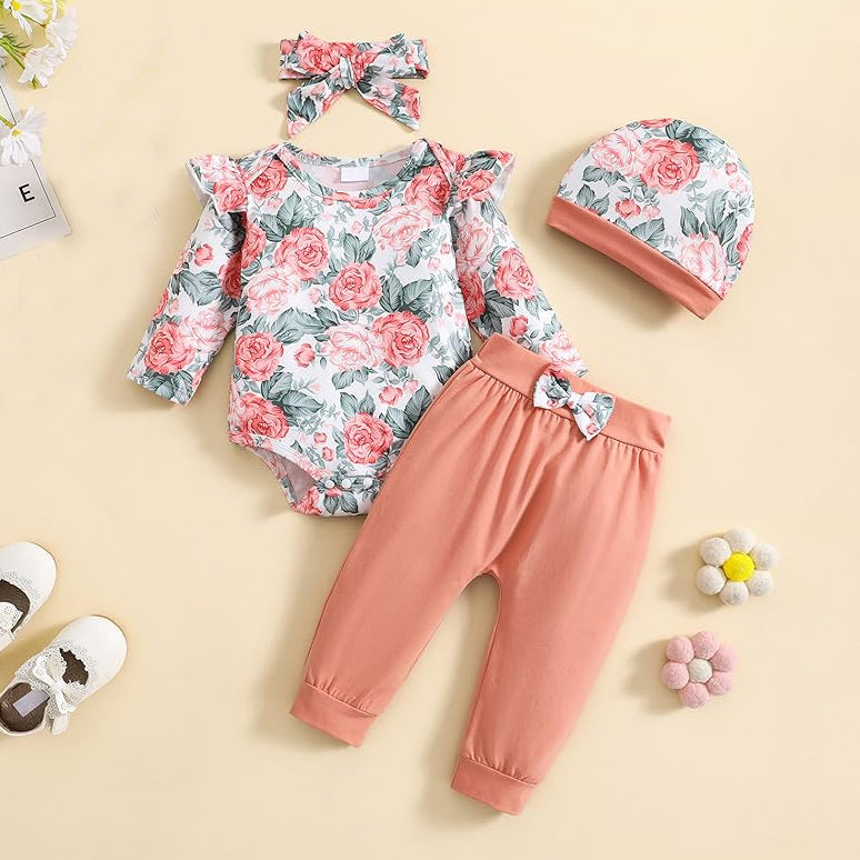 Conjunto de bebé de manga larga con estampado floral dulce de 4 piezas