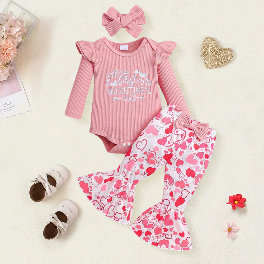 3PCS My First Valentine's Day Letter Embroidery Heart Print Baby Set