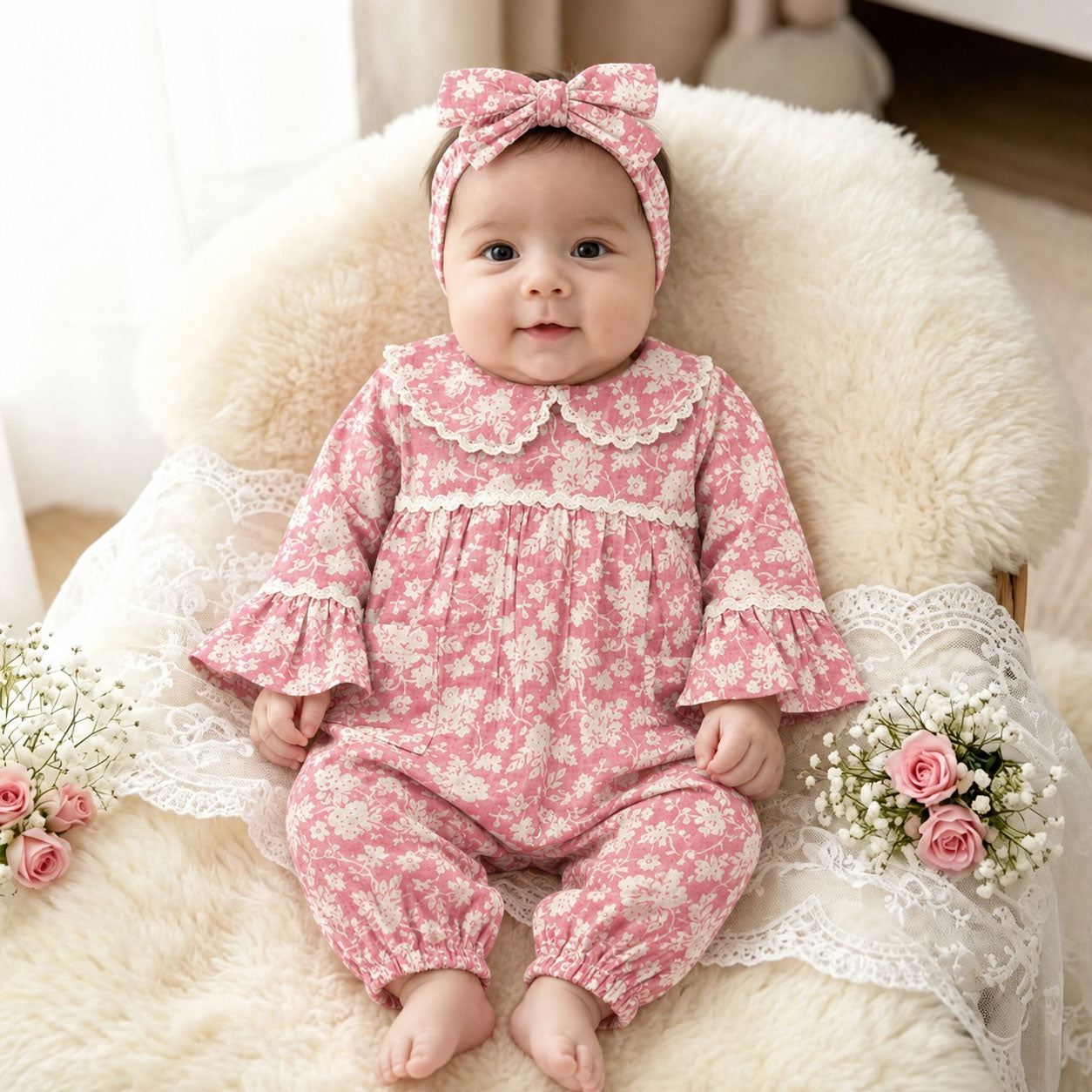 2PCS Charming Floral Printed Ruffle Long Sleeve Baby Girl Jumpsuit