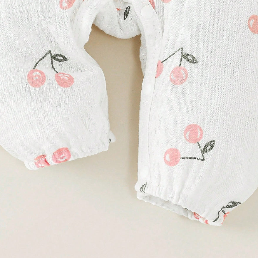 Cute Cherry Print Lace Collar Long Sleeve Baby Jumpsuit