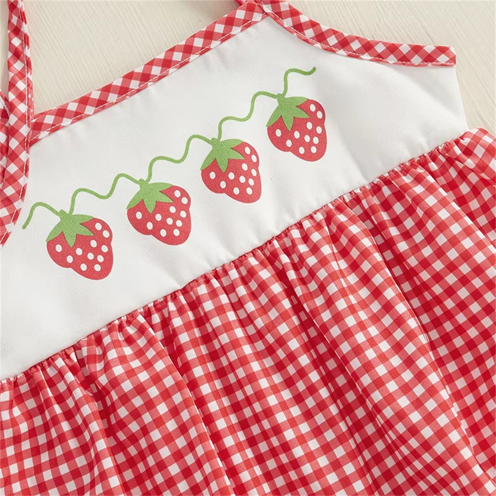 Lovely Plaid Strawberry Printed Sleeveless Baby Jumpsuit