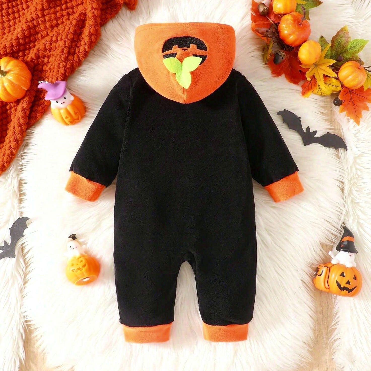 Halloween Pumpkin Embroidery Long Sleeve Fuzzy Hoodie Baby Jumpsuit