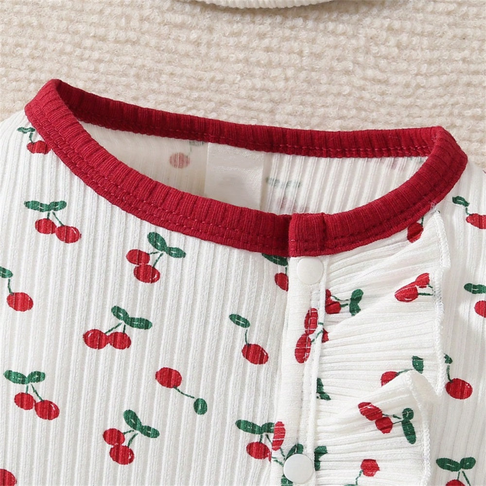 3PCS Trendy Adorable Cherry Print Long Sleeve Baby Jumpsuit